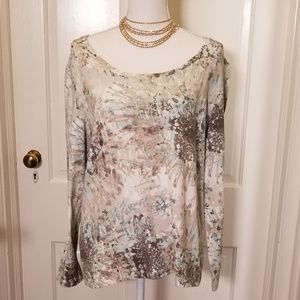 Chico's Scoop Neck Watercolor Long Sleeved Tee EUC